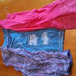 PURPLE Lace Trim Top XL, 4X PINK Tank Top, and Blue Distressed Denim Shorts 3 X